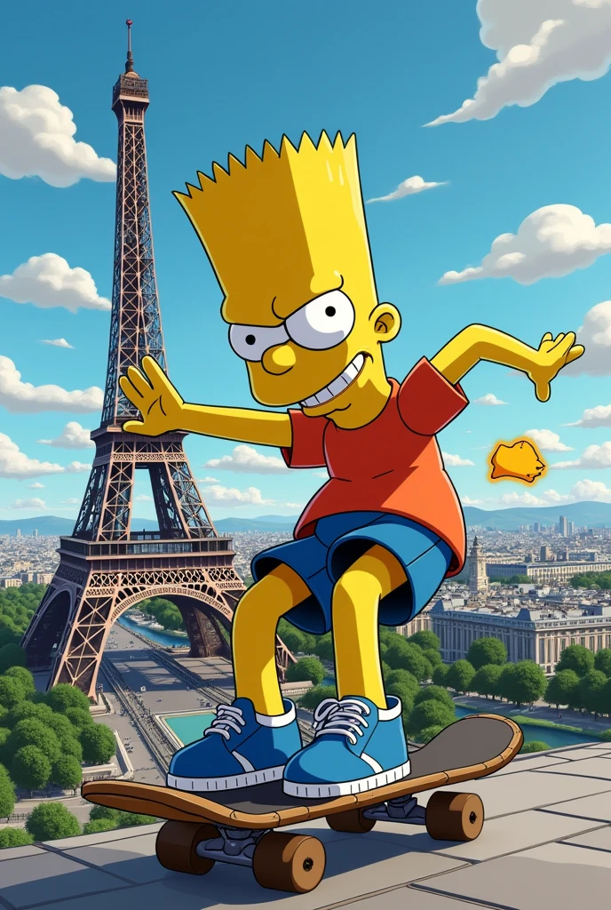 Create a picture of Bart Simpson on the Eiffel Tower with a skateboard. 