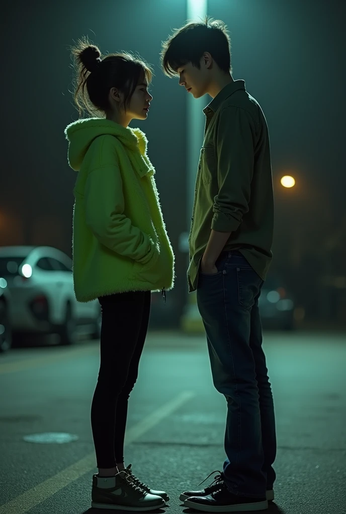 Bob and Lizzie walk side by side to the parking lot, not touching each other, where they pause, looking at each other under the dim glow of a streetlamp.
Lizzie wearing a black pants and a limegreen, fluffy jacket with hood. her hair is in a high bun. He's wearing jeans and a buttoned up shirt.