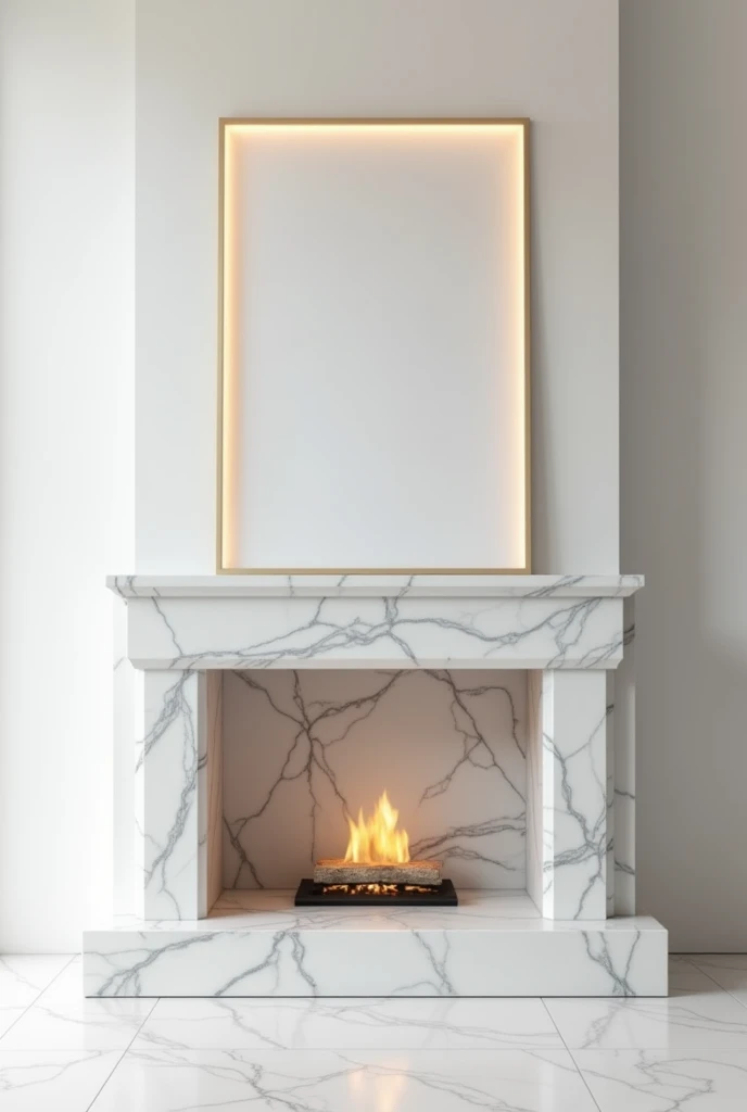 modern minimal marble white fireplace with blank frame on the center 