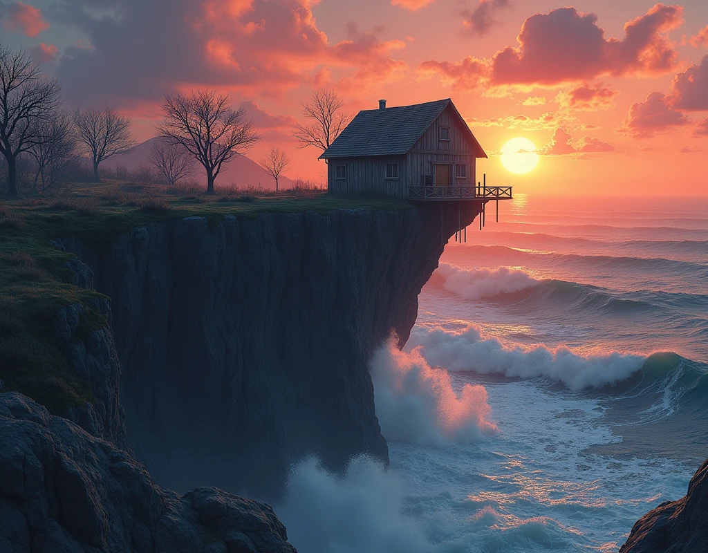 Here’s a detailed image prompt for you:
"A small, rustic wooden house with a pitched roof is precariously perched on the edge of a towering cliff, surrounded by jagged rocks. The house is built in a seemingly impossible location, high above a raging ocean, with waves crashing against the base of the cliff far below. The surrounding landscape is wild and untamed, with windswept trees clinging to the rocky outcrops. In the background, a dramatic sunset paints the sky in hues of orange, pink, and purple, casting long shadows and highlighting the isolation of the house. The scene is both awe-inspiring and surreal, emphasizing the improbability of the house’s location."
This description should create a striking and unusual image of a house built in an incredibly unexpected place.