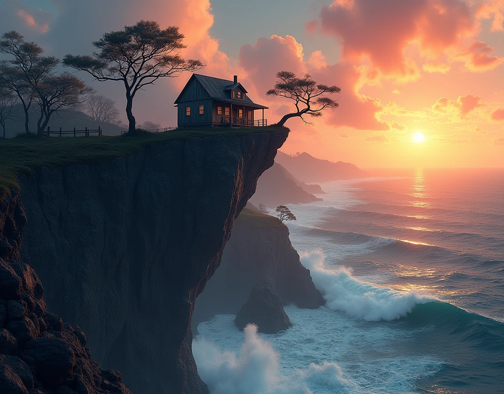 Here’s a detailed image prompt for you:
"A small, rustic wooden house with a pitched roof is precariously perched on the edge of a towering cliff, surrounded by jagged rocks. The house is built in a seemingly impossible location, high above a raging ocean, with waves crashing against the base of the cliff far below. The surrounding landscape is wild and untamed, with windswept trees clinging to the rocky outcrops. In the background, a dramatic sunset paints the sky in hues of orange, pink, and purple, casting long shadows and highlighting the isolation of the house. The scene is both awe-inspiring and surreal, emphasizing the improbability of the house’s location."
This description should create a striking and unusual image of a house built in an incredibly unexpected place.