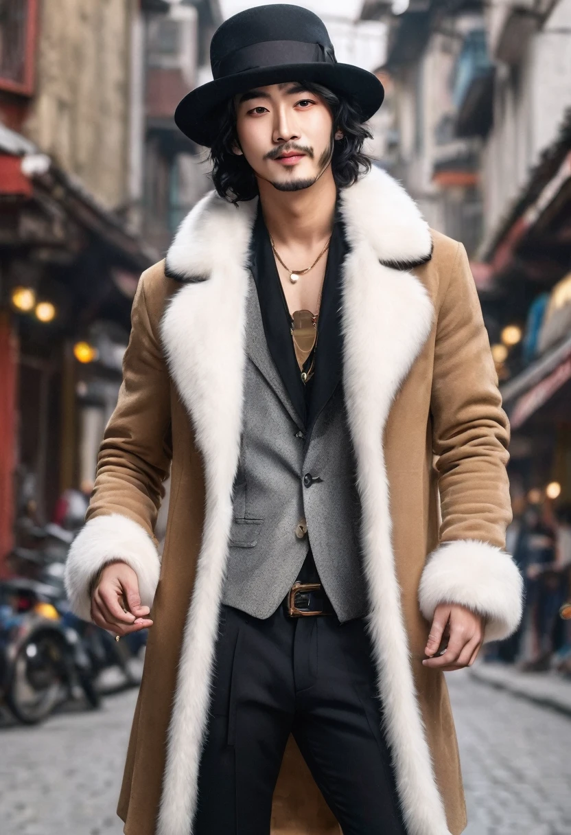 (good quality), (many details), (masterpiece), A man with hat and cigarette (20 years old), open coat with fur collar, bare chest (hairy), hat (gray with white band), wavy shoulder-length black hair, coin playfully between fingers, trickster, small beard, full body image, mischievous laugh, oval face, sexy,