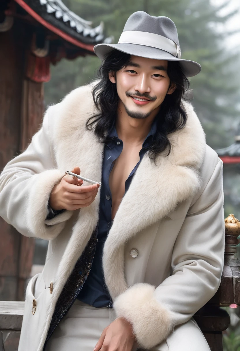 (good quality), (many details), (masterpiece), A man with hat and cigarette (20 years old), open coat with fur collar, bare chest (hairy), hat (gray with white band), wavy shoulder-length black hair, coin playfully between fingers, trickster, small beard, full body image, mischievous laugh, oval face, sexy,