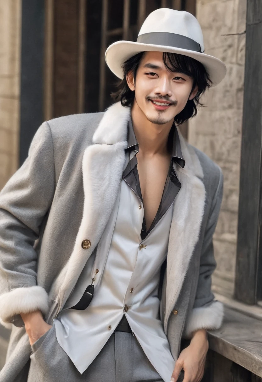(good quality), (many details), (masterpiece), A man with hat and cigarette (20 years old), open coat with fur collar, bare chest (hairy), hat (gray with white band), wavy shoulder-length black hair, coin playfully between fingers, trickster, small beard, full body image, mischievous laugh, oval face, sexy,