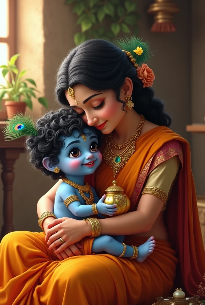 "Create a heartwarming and detailed image of Baby Krishna with his mother, Yashoda. Baby Krishna, a young child with radiant blue skin, curly black hair, and large, expressive eyes, is sitting in his mother’s lap. He has a mischievous smile on his face, holding a small butter pot in one hand, and a peacock feather in his hair. His mother, Yashoda, is lovingly holding him, her face filled with warmth and affection. She is dressed in traditional Indian attire, with a simple yet elegant saree, and adorned with gold jewelry. Her expression should convey deep love and maternal care. The background is set in a cozy, rustic Indian village home, with soft lighting that highlights the tender moment between mother and child. The overall mood should be serene and divine, capturing the sacred bond between Baby Krishna and Yashoda, filled with love, warmth, and playful joy."