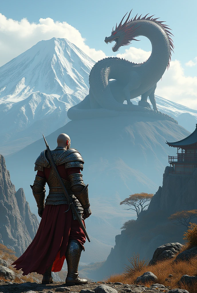 Create an image of a medieval knight facing a dragon on Mount Fuji, You can use the cover of the game God of War as a reference, where the dragon will be waiting at the top of the mountain and the warrior will be in Kratos' pose