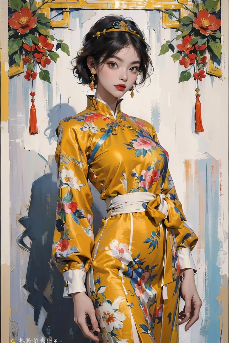 (Ultra-detailed, photorealistic, best quality, 4k, 8k, highres, masterpiece:1.3), (Vogue magazine cover), (Vogue Style Cover), close-up of 1 female, age 18, Japanese, tan skin, perfect body shape, super sexy appearance, busty physique, long legs, confident and sensual expression, wearing an Art Deco Aodai - Vietnamese traditional clothes, iconic Art Deco print, intricate detail, detailed hands, ultra finely detailed fingers, standing confidently, upper body showcase, no logos on background, vibrant color scheme for thumbnail, minimalist background to enhance focus on the model, bold and daring persona.
