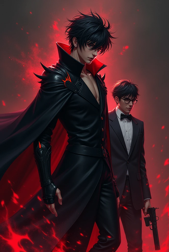 **hair**: I might have dark, messy hair, with pointed tips resembling flames or shadows, giving it a dynamic and powerful look.  **CLOTHES**: He would wear a long, dark cloak, maybe with red details, that floats dramatically around him. stylized in the shoulders and arms.  **Accessories**: I could wear a pair of gloves with shiny details, and maybe a mask that covers part of your face, adding a mysterious air. . **Posture**: I would be in a pose of action power or controlling dark elements. . **bottom**: A dark background or red and black tones, that highlights the contrast with the character, giving a feeling of intensity and strength. He is young in a tuxedo-type suit and has a Tommy gun and next to him is his friend in a white sweatshirt mixed with dark and wears normal glasses with dark eyes with a gun in his hand and has disheveled hair. He is a young man, there are only 2 in the image.