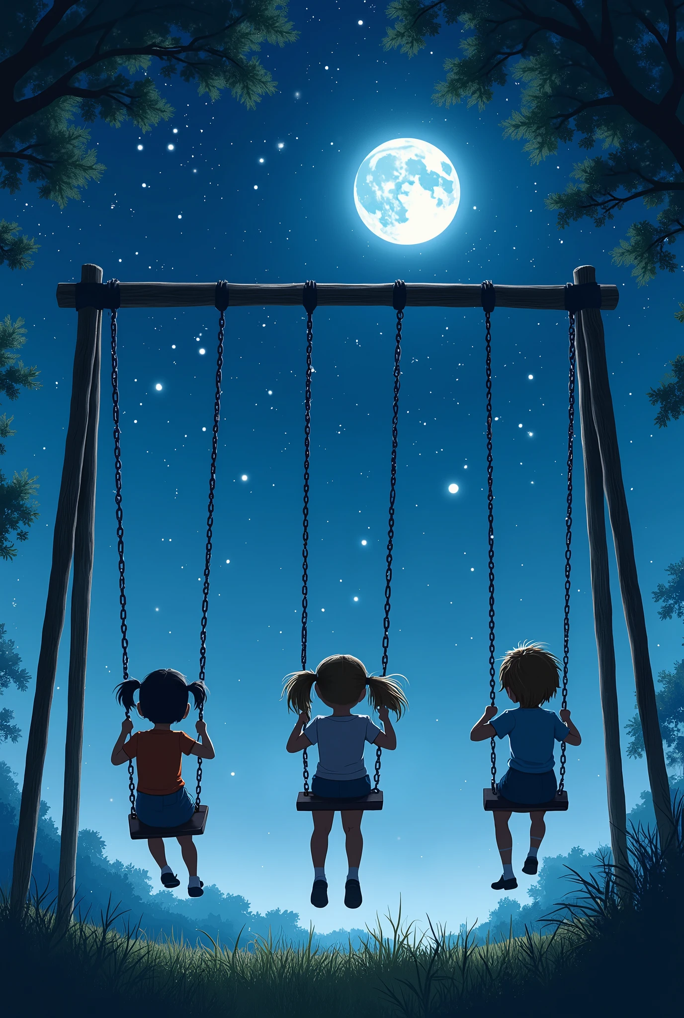 Children laughing on a swing under a starry sky: A group of children take turns swinging in a park, Their laughter echoing in the stillness of a clear night, with a starry sky and a bright moon illuminating the scene.