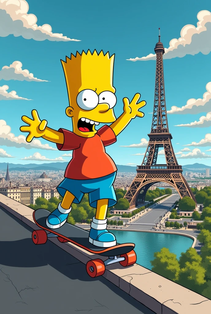 Create a picture of Bart Simpson on the Eiffel Tower with a skateboard.