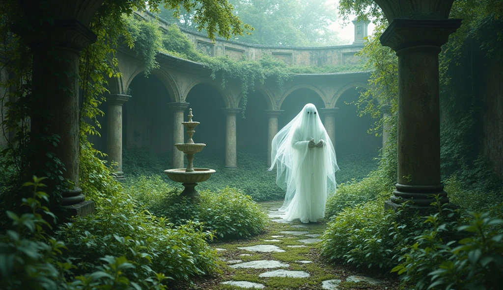 Ghost walking in old garden 