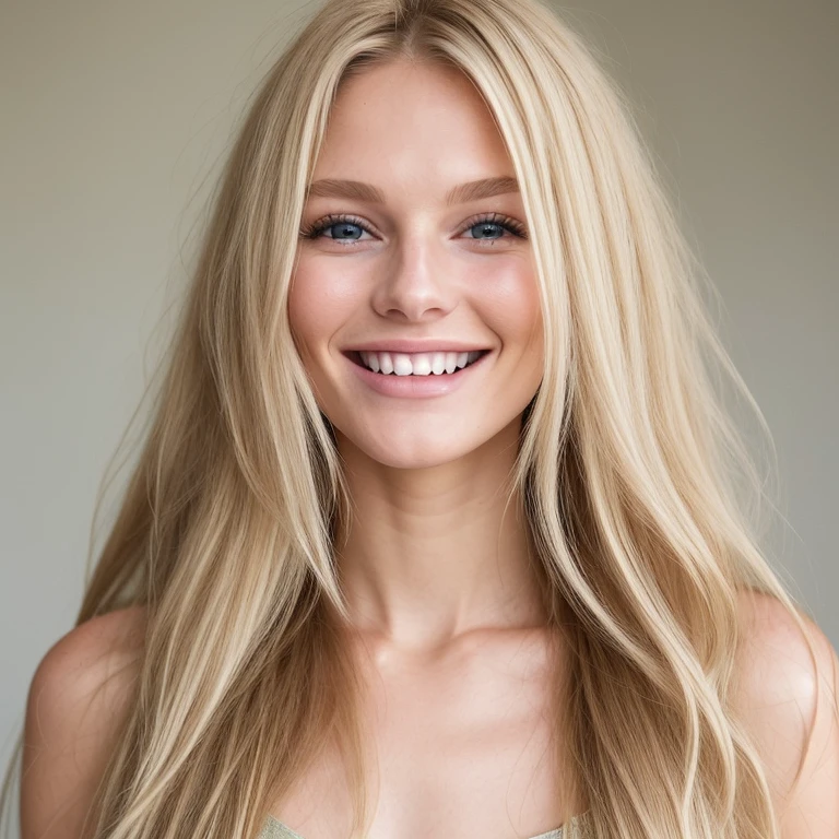 super model Carol Nash, light straight blond russe (blonde:1.05) hair 20 years old girl round face, photograph, masterpiece, [[messy hairline]]. looks in the camera. skin is grained, not flawless. tanned, smiling to the camera