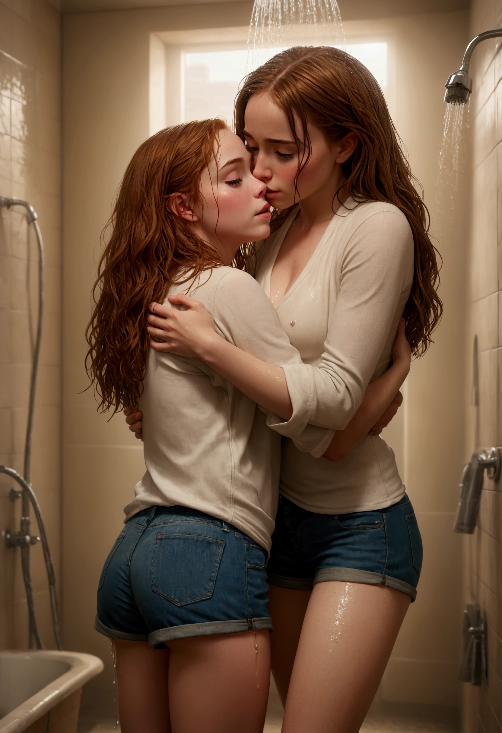 2 young women, twenty-three years old, Hermione Granger and Amy Pond, hugging, kissing on the lips, Amy hand is inside Hermione shorts, beautiful detailed eyes, beautiful detailed lips, extremely detailed eyes and face, long eyelashes, photorealistic, 8k, hyperrealistic, realistic lighting, dramatic lighting, warm color tones, cinematic, highly detailed, intricate details, masterpiece, professional quality, award winning, full body view, short in height, exposed body, bare skin, exposed figure, wearing wet white denim shorts, holding a white towel, standing in front of a shower, wet hair, wet skin, very small breasts, super high detail, super high quality, hot, open legs