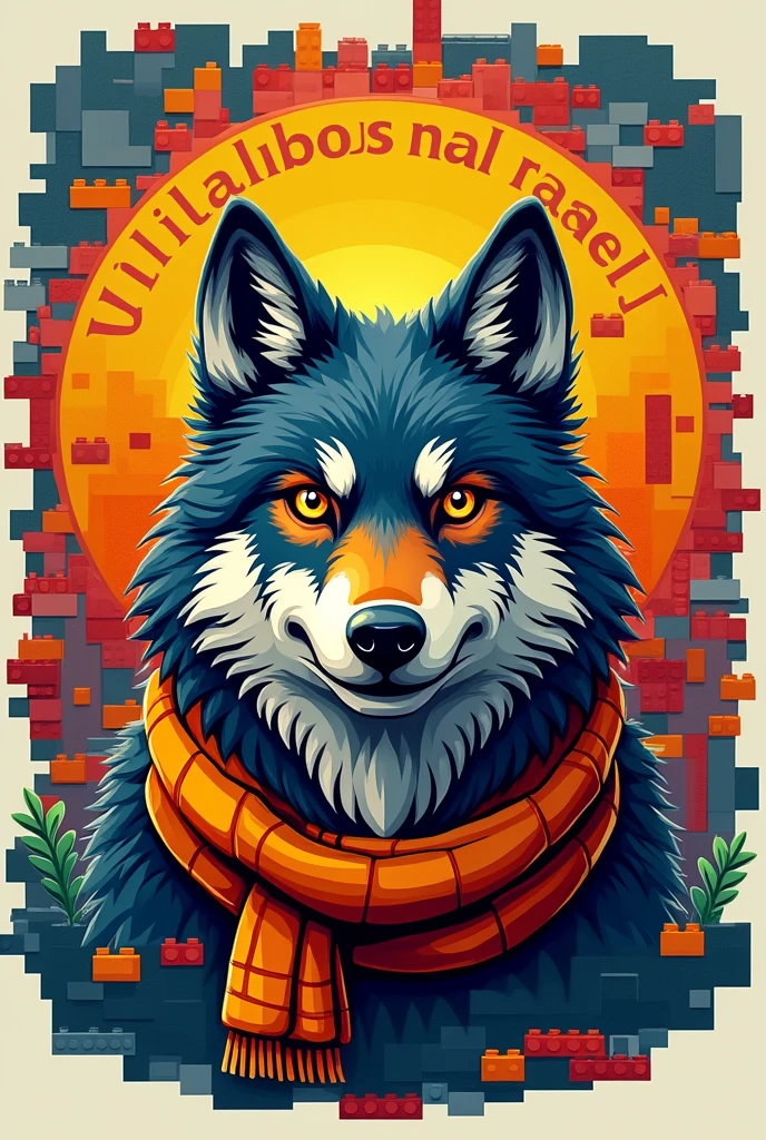 Logo for a flannel shirt featuring a wolf version with an orange and yellow scarf around the neck, that the word VILLALOBOS 2024 is on top and the background is made of Lego pieces