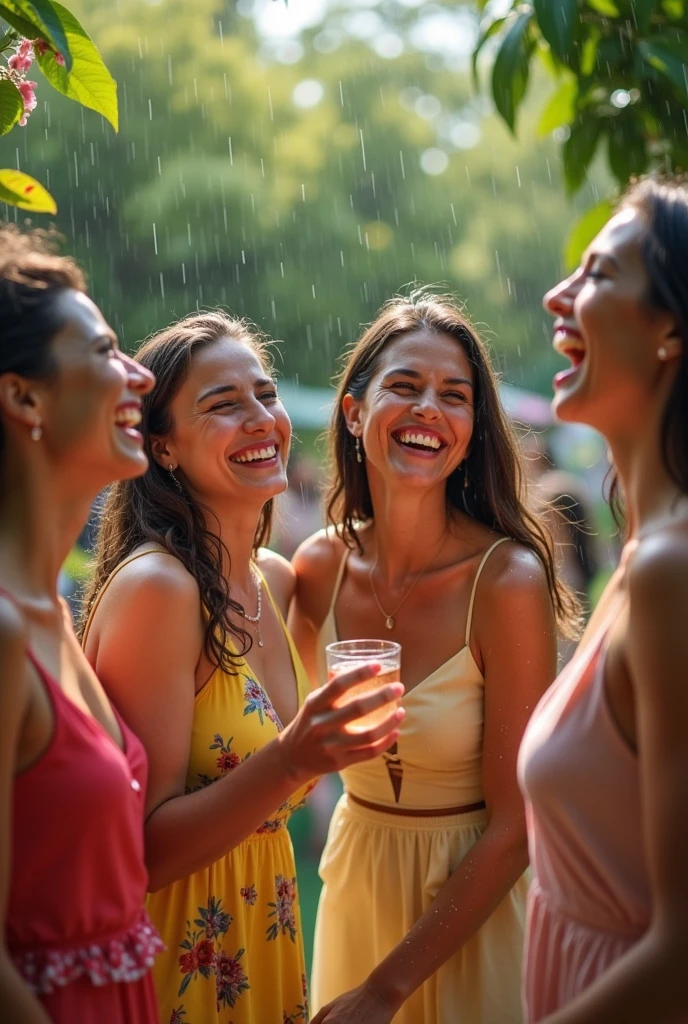 Laughter in the Rain at a Garden Party: A group of people, dressed in summer clothes, They laugh and have fun in the rain during a garden party, without worrying about getting wet, Capturing the unexpected joy of the moment.