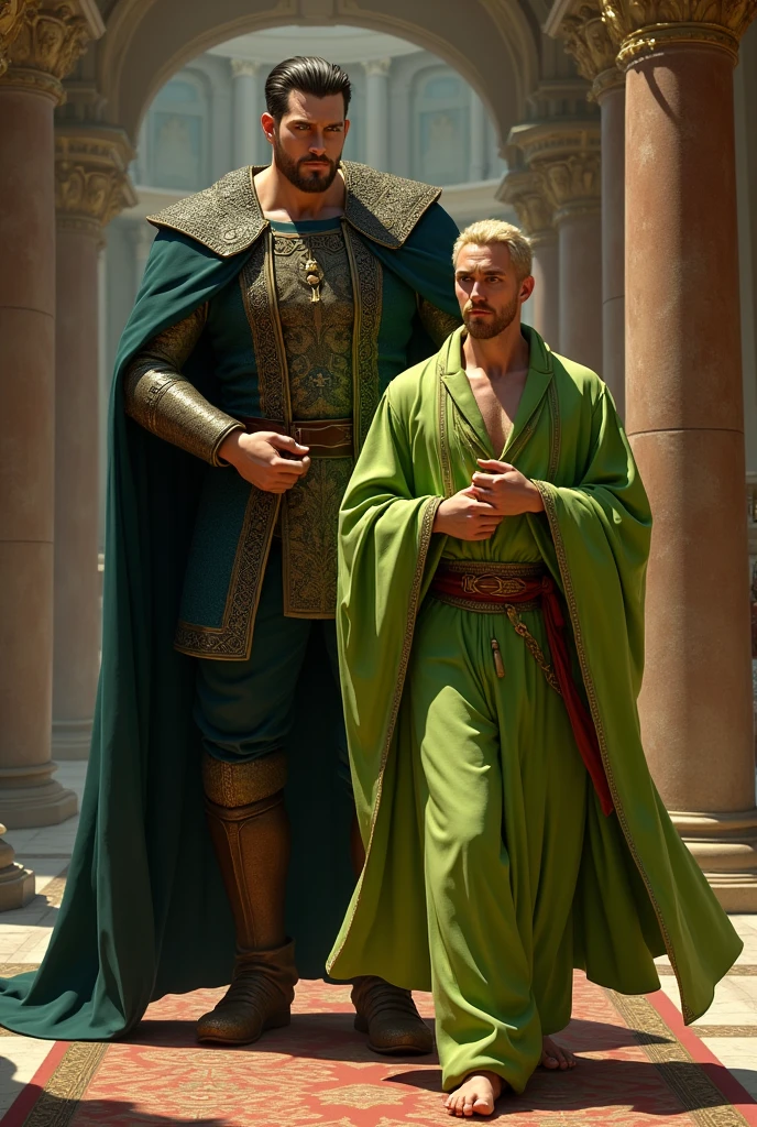 In the time of royalty, A tall, burly male lord with short black hair, was followed by a blond haired man wearing lime green Healer robes