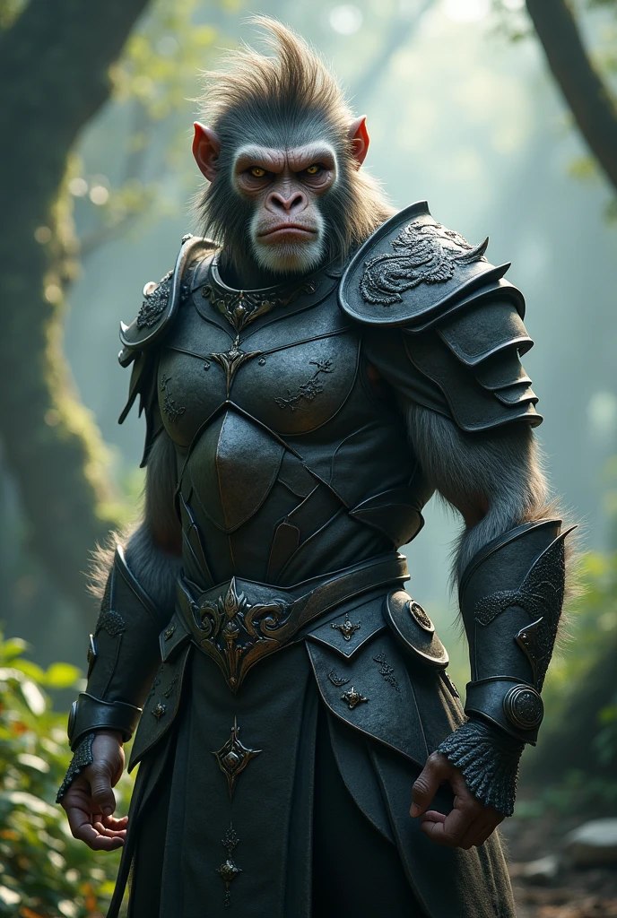 A highly detailed and realistic depiction of a warrior with a humanoid monkey-like appearance, but with a more human-like face. The warrior has a strong and determined expression, with slightly grayish skin and minimal fur around his face, retaining some monkey-like features such as sharp eyes and a slight brow ridge. He is wearing ornate, dark metallic armor adorned with intricate dragon designs, giving a powerful and mythical appearance. His hair is styled in a wild and spiky manner, blending both human and animalistic traits. The background is a misty, forested environment, adding to the mystical and ancient atmosphere. The image should have a cinematic quality, with attention to the texture of the armor and the warrior's skin, capturing the intensity and strength of the character.