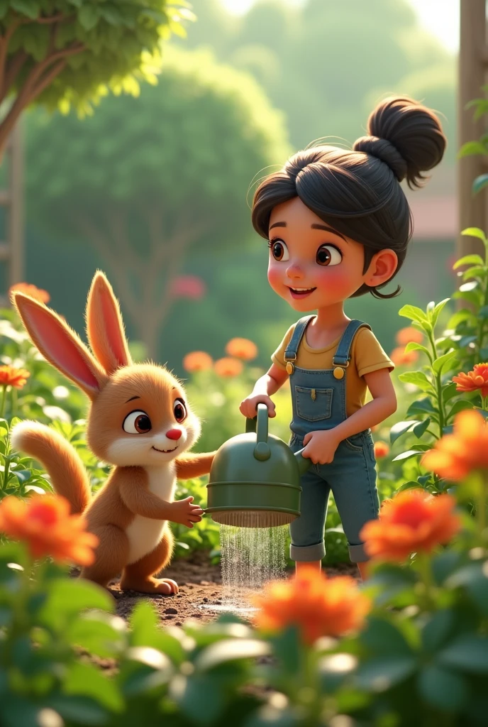 In cinematic 3d cartoon style"
Watering the Garden**  
   Mira and Bunty working together to water the garden, using a watering can. The garden is starting to look green and healthy again.""