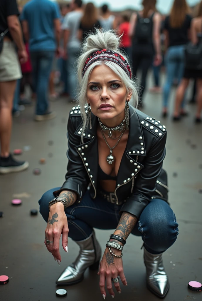 russian old milf woman, grey hair (top bun) and wide colourful bandana as headband, with very light blue eyes, extremely pale. Wearing studded cropped black moto jacket with lots of zippers and pins, black push up bra with black transparent silk, dark skinny blue jeans and pointy silver Chelsea boots with cuban heels . Studded Choker. Lots of metallic bracelets, pendants and collars. Tacky wide studded leather belt with oversized skull and bones buckle. Long bohemian earrings. Squatting, looking at the camera with submissive facial expression and open mouth. Hands on her knees or touching the ground, showing off bracelets and rings. Listening in amazement to somebody speaking to her, toned six pack abdominals, thin neck, slim legs and thin arms. Tattoed heavily. A lot of people around looking at her, next to her, make up items on the floor