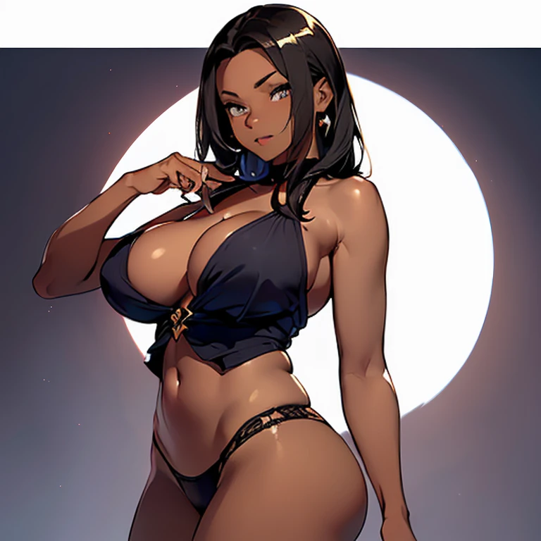 (Female in her 20s),(dark skin color:2.0),(and youthful appearance. Her body is slim and slender, with dark purple eyes and long purple hair. She is extremely attractive and sensual, with gigantic breasts:3 and big ass. Her body exudes an aura of sexuality, capable of awakening desire in anyone who observes her.)