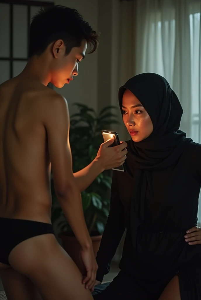 dramatic scene where a son found out that his mother has a naked picture in her phone, son blackmailing mother to undress, mother embarrassed, the mother is a beautiful indonesian woman, with features similar to Nora danish (40 yo beautiful celebrity, woman with slim body and medium saging breast mid short hair), 15 yo age nerd boy, the mother kneeling in front of his son, begging her son to forgive her. mother is wear hijab, she wear black victoria secret sexy lingerie and has an ashamed expression on her face. The son naked and show his cellphone to his mother, the mother pleads with tears in his eyes,the scene is captured in the living room at afternoon, intense emotions, cinematic, gritty realistic style, chiaroscuro lighting, intense facial expressions, vulnerable poses, sensitive content, powerful storytelling