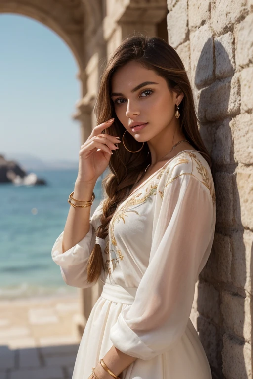 (masterpiece), (portrait), (aesthetic), (beautiful), (superior blood), (high quality), (aesthetic clothings), (professional angle), (rule of thirds), (female), (women), (female), (beautiful),(rasgos females), (25 years), Alone, 1 women, (attractive greek), summer, luz outfit, (standing), Natural makeup, (small bust), ((holding a greek vase)), (Cara frontal), (serene expression), ((calm, Graced)), gold bracelet, ((by the wide)), (By the chestnut), (Braided hair), (silky hair), Shiny and shiny hair, (hairpin), (blue eyes), (elegant look), (White skin), (embroidered clothing), (flowy dress), (sandals), (Skirt), Heart neckline), ((Coastal background)), (- in the background), (Complete plan), beautiful hands, two hands, normal hands, two arms, full hands, beautiful body, beautiful fingers, normal fingers, Five fingers, Five fingers, (Thumb index pinky ring nosy), beautiful ears, normal ears, beautiful eyes, bright Eyes, beautiful mouth, beautiful lips,