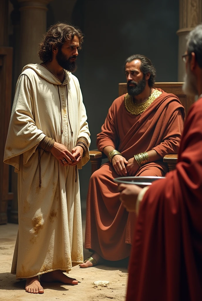 Jesus stands before Pilate, dressed in a simple, worn, white robe, stained with dirt. His hands are tightly bound with rough rope, chafing His wrists. Pilate, draped in a richly adorned Roman toga with gold accents, sits on a high judgment seat. Beside him stands a servant holding a silver basin filled with water, ready for Pilate to symbolically wash his hands of the decision. The servant's attire is modest, contrasting with Pilate’s opulence. Jesus' robe, though humble, exudes purity, while the bound hands emphasize His suffering and innocence amidst the tense scene.