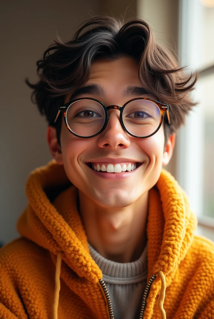 I want a young man of average body mass, mixed race and not black, with small eyes who wears glasses, a small nose and a big smile where you can see his teeth., small ears must have wavy hair and be dressed in a warmer