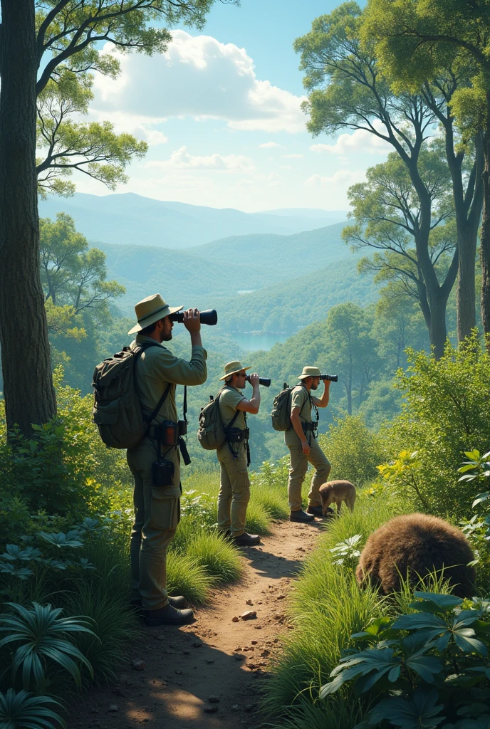 Researchers and conservationists working in the feild, monitoring wildlife