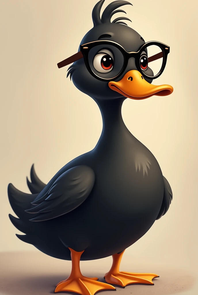 A handsome little duck with his black glasses looking to the side