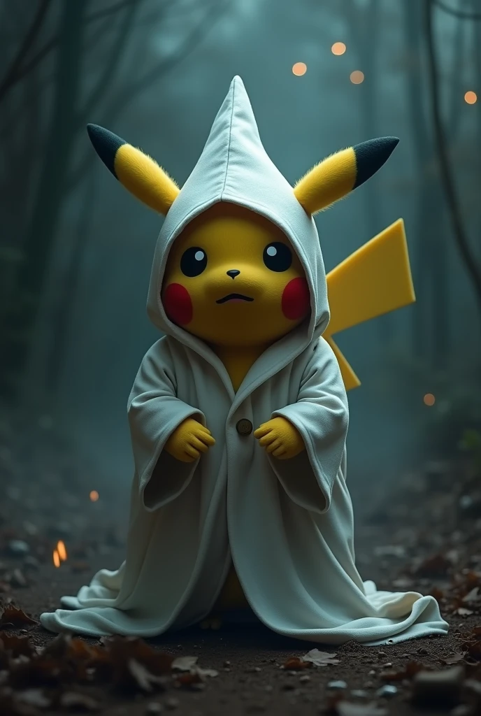 Pikachu in full kukluxklan attire in the middle of a ritual