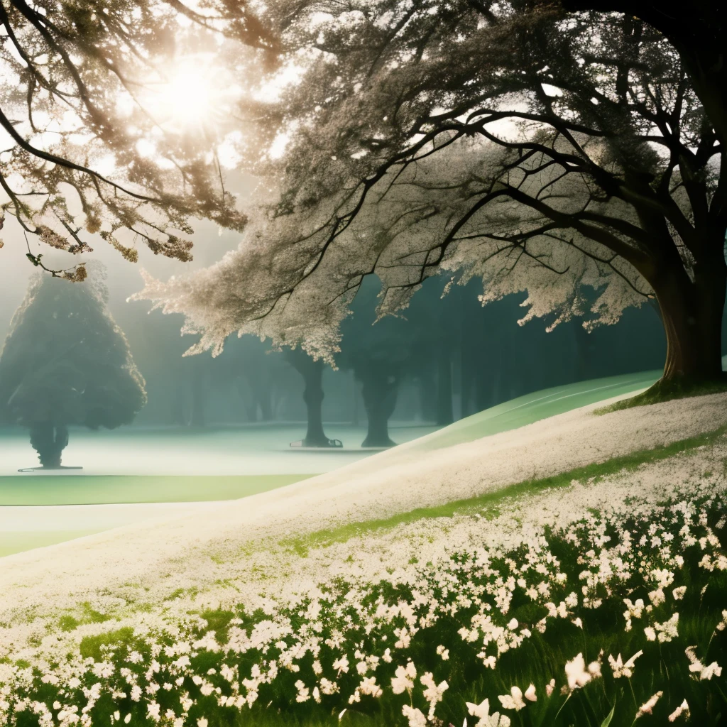 there are many white flowers in the grass near a tree, a photo by Ian Fairweather, pexels, romanticism, spring early morning, mystical kew gardens, springtime morning, early spring, flowers and trees, misty garden, delightful surroundings, incredibly ethereal, extremely beautiful and ethereal, dreamy scene, very magical and dreamy, spring early, very ethereal, spring light
