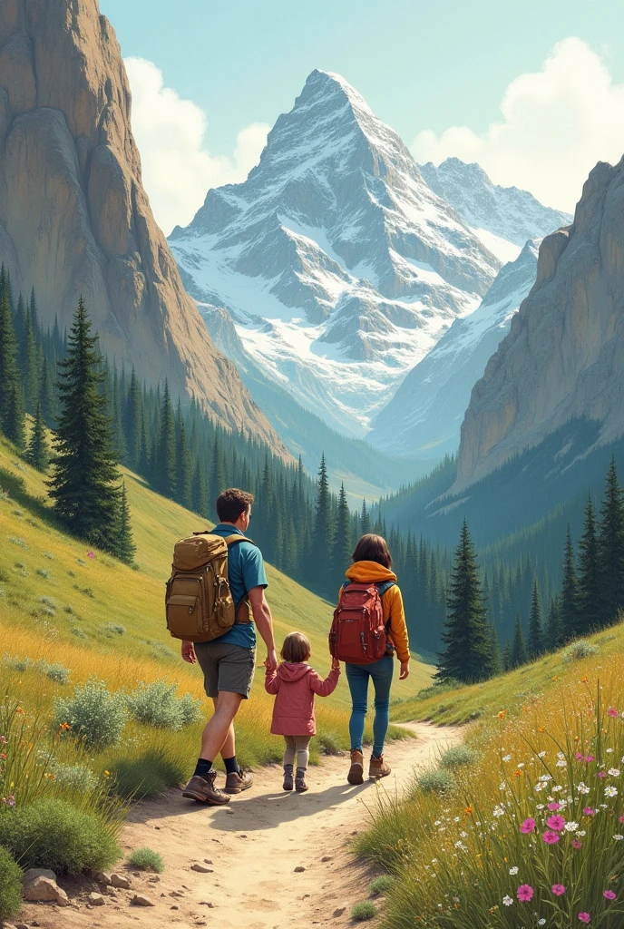 Family walking through the mountains in the form of a drawing 