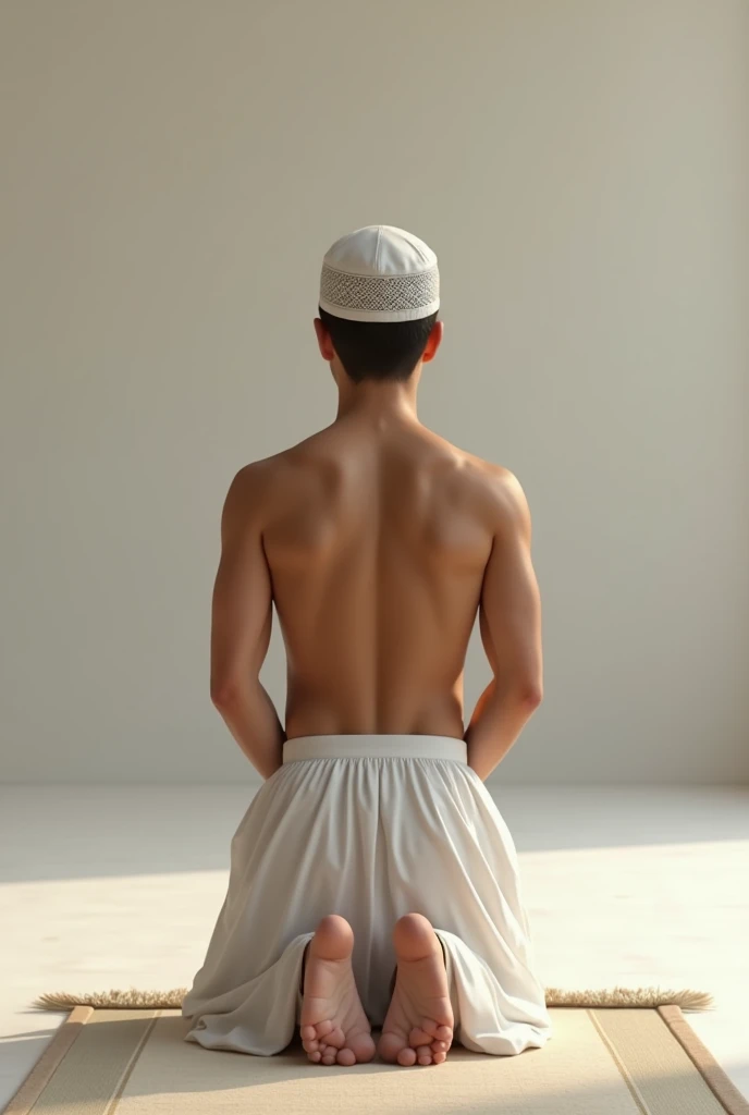 Young man praying kneeling on a mat wearing white underwear and an Islamic cap on his head.