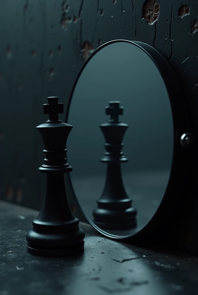 A black chess pawn piece looking into a circular mirror and in the mirror reflection take away the pawn and add a black chess king piece in a dark environment