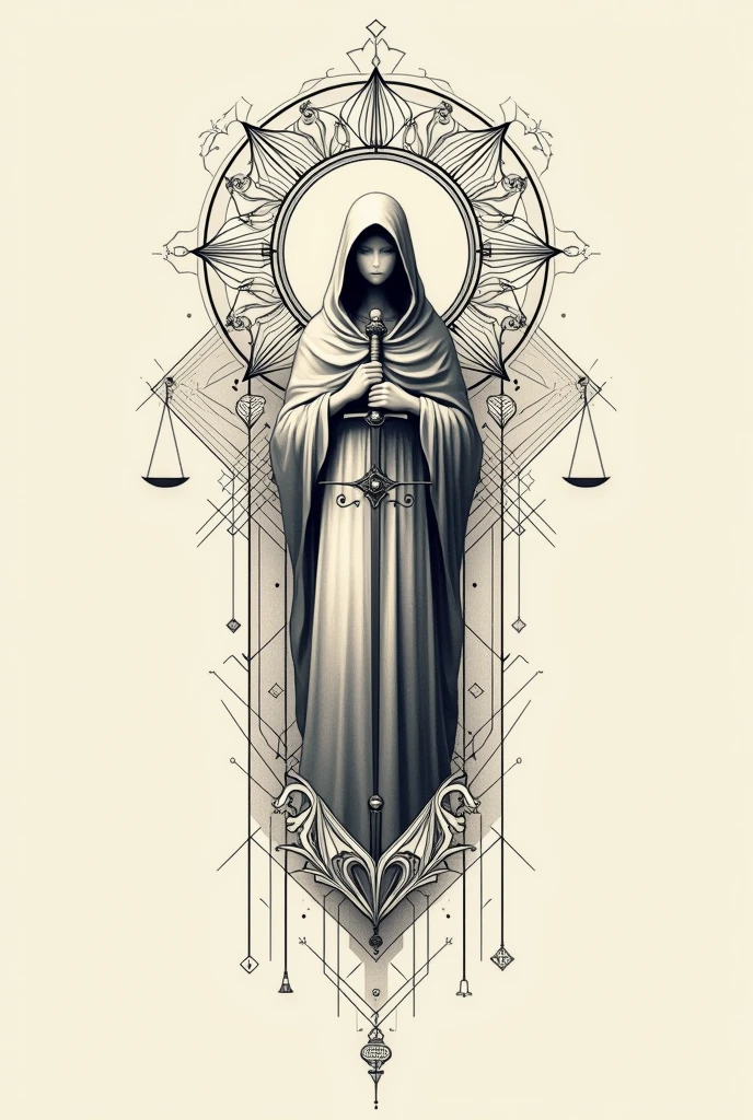 I need you to help me create designs for tattoos. I want the tattoo to have a geometric and Renaissance design (a combination of that realism in Renaissance drawing with geometry) but the drawing is done in a slightly simpler and cleaner line. I want the tattoo to have to do with the representation of justice.