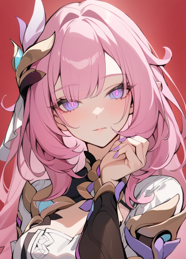 masterpiece, best quality, 1girl, solo, looking at viewer, bangs, elysia, honkai impact, pink hair, pink eyes, long hair, nail polish, hair ornament, hand up, flower, blunt bangs, closed mouth, tassel, portrait, colorful, red background, frills, multicolored hair, upper body, fingernails