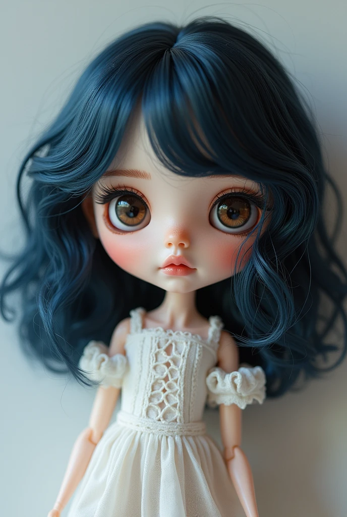 You can create a pale white BLYTHE doll, black hair, micro bang and medium green sky blue eyes with some polka dots?