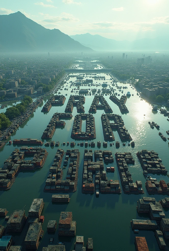 Create an aerial view of a vast flood city landscape with buildings and mountains in the distance. The foreground is filled with countless vehicles and tents arranged in a grid pattern, forming large letters that spell out as PRAY FOR TRIPURA. The scene should convey a sense of urgency and focus, with the letters made up of the vehicles, tents and buildings standing out prominently against the flooded background.