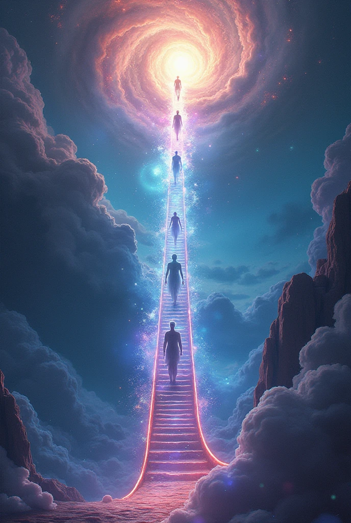 Cosmic background people ascending a ladder of ascending path between spiritual worlds, dimensional, and new realities