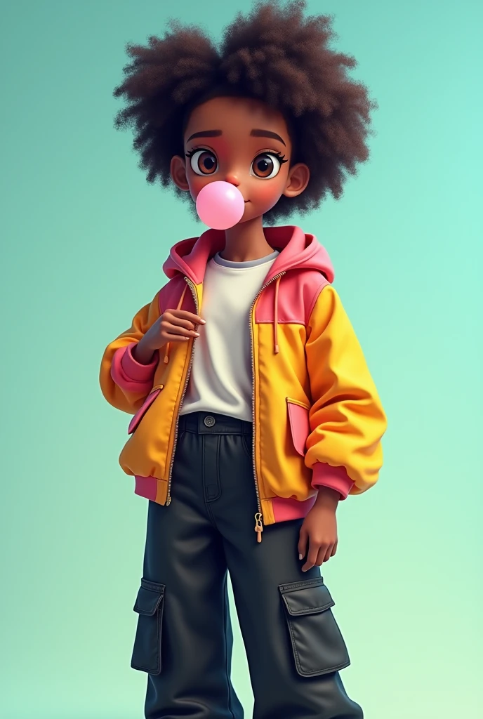 Semi african girl blow bubble gum with a loose color full jacket and loose black cargo pants with two puffs, with a light blue and light green background