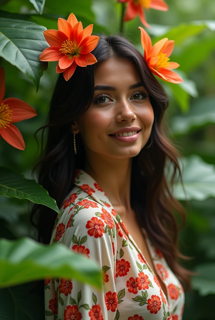 A Brazilian woman in a lush tropical garden, wearing an open shirt with a floral print, with a close-up capturing the harmonious beauty between her breasts and the natural flowers, showing off your natural charm and outgoing personality.