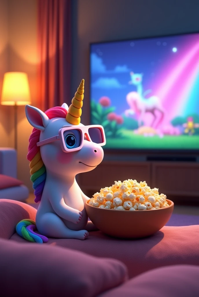 ANIMATED BABY UNICORN AT HOME WEARING 3D GLASSES SITTING IN FRONT OF HIS TV EATING POPCORN AND WATCHING DISNEY ON HIS TELEVISION
