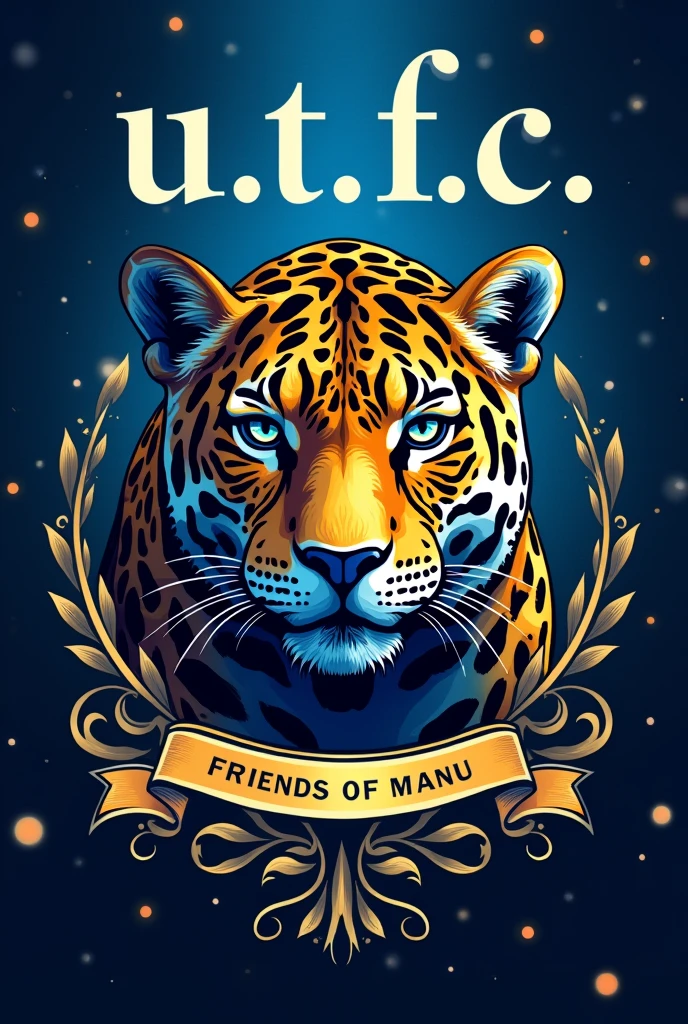 create a profile picture with blue and gold colors and with a jaguar in the middle and above it written “U.T.F.C” and underneath with a banner that says “Friends of Manu”