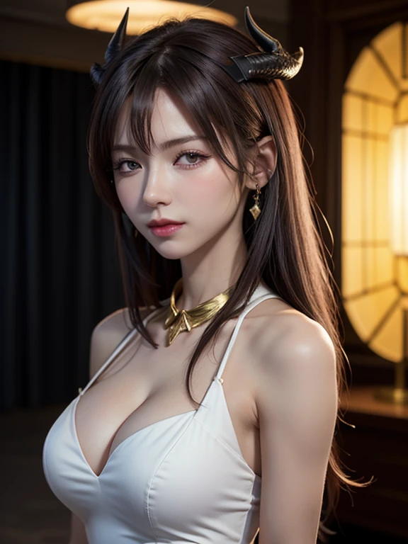 Masterpiece, Best quality, Ultra-detailed, illustration, epic lighting, Cinematic composition, isometry,(hexagons:1.2), 1girll, Horns, Solo, Yellow eyes, Black hair, Long hair, (Low wing:1.2), Large cleavage, Bare shoulders, hair between eye, Medium breasts, (White dress:1.1), Golden decoration, Detached collar, view the viewer, Semi-closed Eyes, (view the viewer:1.1), parted lip, Blush, Black feathers fall, Arena, particle fx, (8K:1.1)