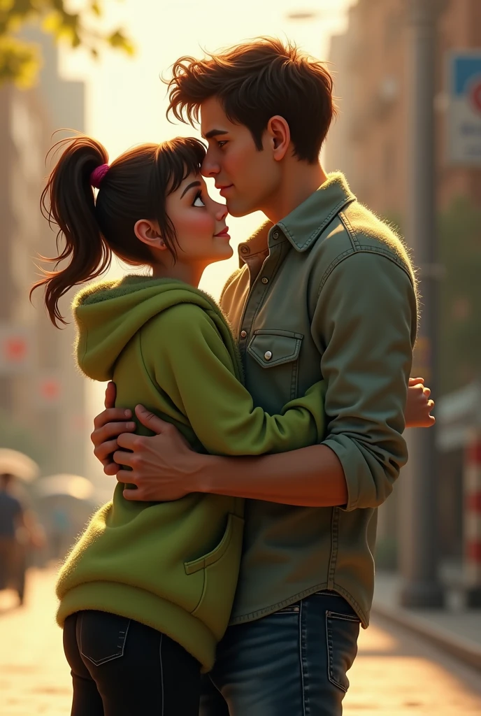 Lizzie, with a shy smile, asks, "Can I hug you?"
Bob hesitates for a moment, then nods. They embrace tightly, the world around them fading away. She's wearing a black pants and a fluffy, limegreen jacket with hood.
He's wearing jeans and a buttoned up shirt.
