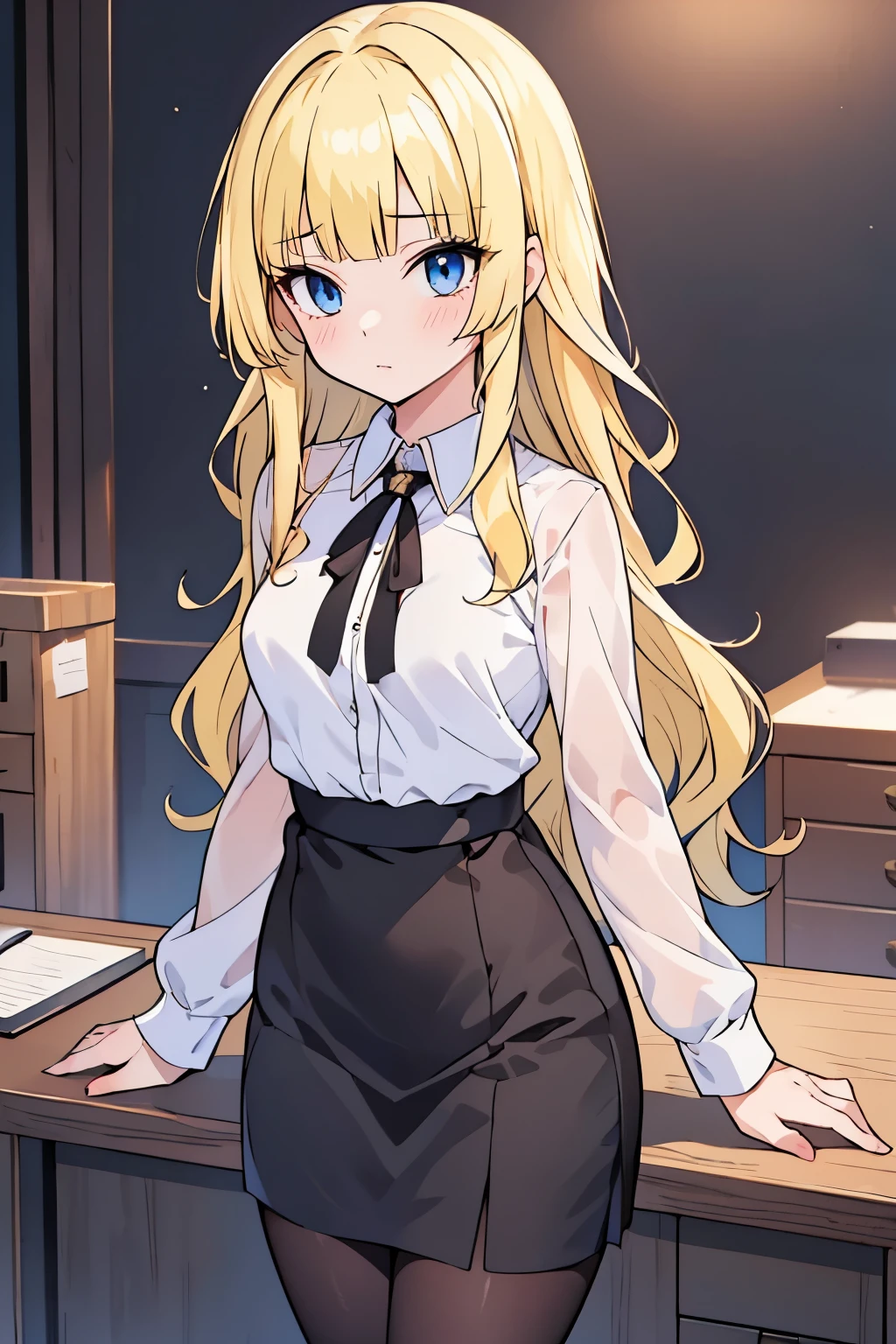 cowboy shot, Young adult girl, 1 girl, yellow hair, hime cut, extra long hair, light blue eyes, golden blonde hair, voluminous hair, disheveled wavy hair, (medium small breasts), (young female body: 1.4) , office, leaning against desk, black pantyhose, black office skirt, white blouse, tight black skirt