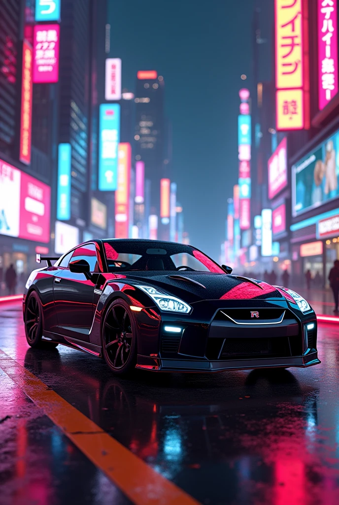 Nissan gtr in black with shiny surfave in neon city