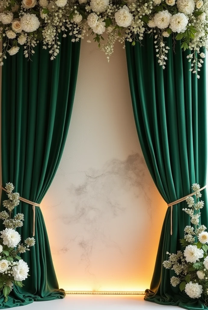 Wedding backdrop with elegant green curtains, wall with textured background in nude colors with lights and white flowers on top of the curtains , sem pesssoas
