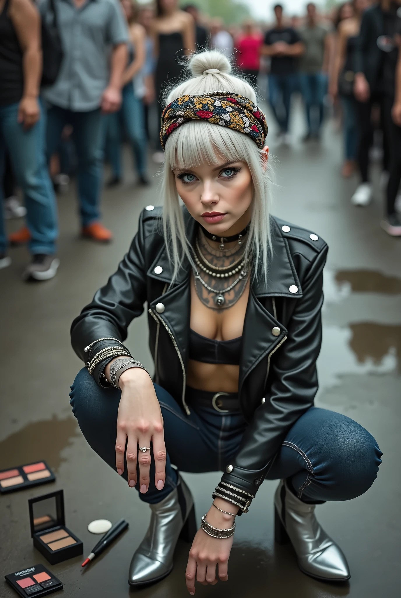 russian old woman, grey hair (top bun) and wide colourful bandana as headband, with very light blue eyes, extremely pale. Wearing studded cropped black moto jacket with lots of zippers and pins, black push up bra with black transparent silk, dark skinny blue jeans and pointy silver Chelsea boots with cuban heels . Studded Choker. Lots of metallic bracelets, pendants and collars. Tacky wide studded leather belt with oversized skull and bones buckle. Long bohemian earrings. Squatting, looking at the camera with submissive facial expression and open mouth. Hands on her knees or touching the ground, showing off bracelets and rings. Listening in amazement to somebody speaking to her, toned six pack abdominals, thin neck, slim legs and thin arms. Tattoed heavily. A lot of people around looking at her, next to her, make up items on the floor